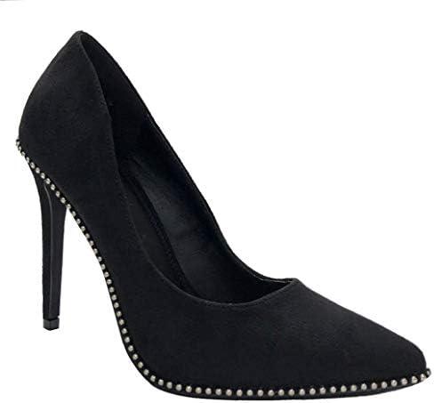 Women's Faux Suede Pumps Stiletto Heels Shoes Metal Rivet Dots Pointed Toe Classy Shoes