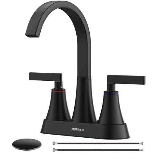 Matte Black Bathroom Sink Faucet, Hurran 4 inch Bathroom Faucets for Sink 3 Hole with Pop-up Drain and Supply Lines, Stainless Steel 360 Swivel Waterfall Faucet for Vanity RV Restroom