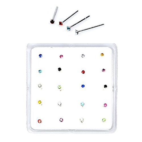 Sterling Silver Set of 20 Multi-Color Simulated Diamond Nose Stud Box 1.8 mm Straight (Colors May Vary)