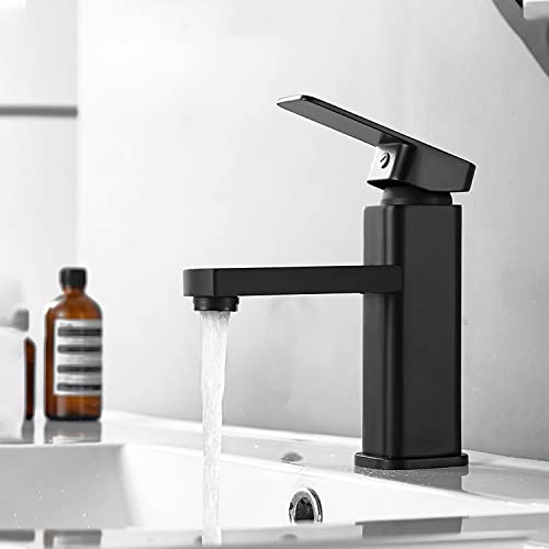 SOLVEX Mezcladora para Lavabo de Baño, Llave Monomando para Lavabo, Grifo para Lavabo de Baño, Llaves para Lavabo de baño Acero Inoxidable, con Líneas de Suministro, Acabado Negro, SP-10041-N