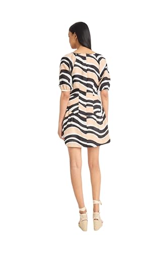 THE GOOD JOURNEY WOMEN’S TIERED MINI-ELEGANT SPLIT NECKLINE PUFF SLEEVE A-LINE DRESS WITH SEMI-SHEER TEXTURE FOR SPECIAL OCCASIONS, BLACK/TAN