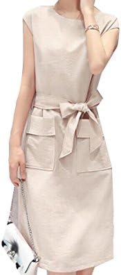 BabyYoung Women Solid Crew Neck Stylish Cotten Fashion Mid Length Dress Beige XL
