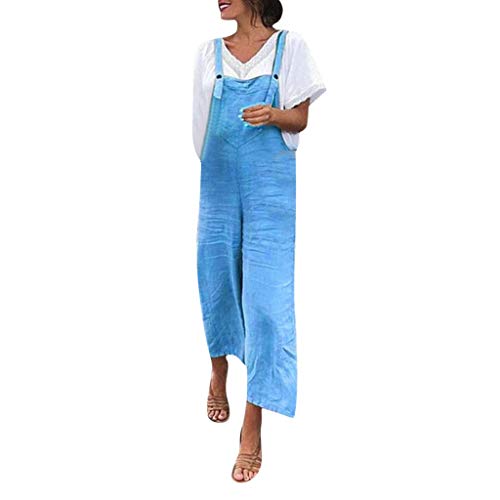 Aniywn Women's Baggy Plus Size Cotton Linen Jumpsuits Overalls Wide Leg Loose Pants Casual Rompers Blue - Thumbnail 4