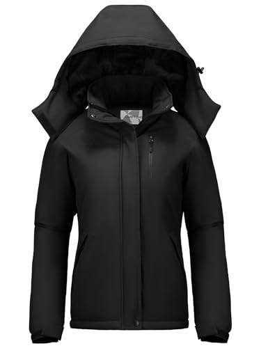 OutPro Winterjacke Damen Wasserdicht Skijacke Snowboardjacke Hooded Warm Dickes Gänsedaunenfutter Doppelte Seitentaschen Wanderjacke mit Reißverschluss für Outdoor-Aktivitäten Schwarz 2XL