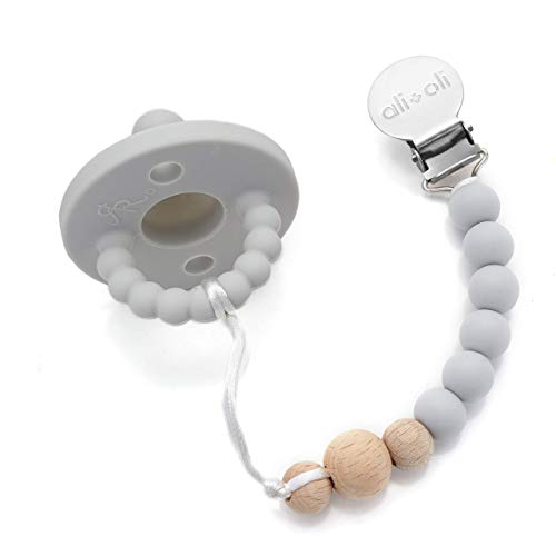 Modern Pacifier Clip for Baby - 100% BPA Free Silicone Beads (Soft Grey Wood) Binky Holder for Newborn - Infant Baby Shower Gift - Universal fit MAM - Philips Avent