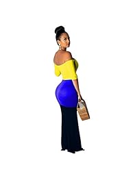 Top sin mangas para mujer Vestidos largos largos Sirena de verano Fuera del hombro Manga corta Colorblock Bodycon Túnica Vestido Clubwear