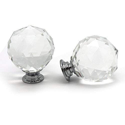 Pushka Home A Pair Of Medium Clear Faceted Crystal Cupboard Knob with Chrome Base. 40mm in Diameter. 100% Crystal. Suits door thickness up to 21mm. Longer Screws Available.