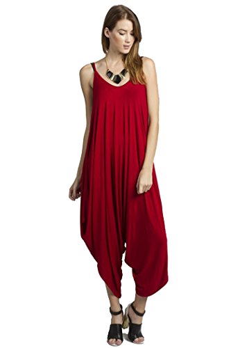 Solid Color Ladies Spaghetti Strap Loose Fit Harem Jumper Multi Color Available (Large, RED)