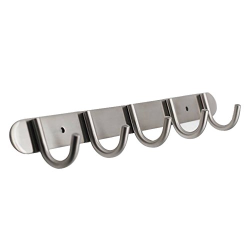 Coat Hook Rack with 5 Round Hooks - Premium Modern Wall Mounted - Ultra durable with solid steel construction, Brushed stainless steel finish, Super easy installation, Rust and water proof