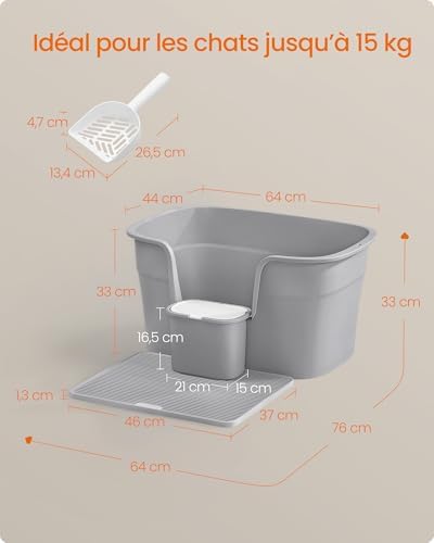 Bac à Litière pour Foyers Multi-Chats, Litière Extra Large avec Paroi Latérale, avec Un Tapis de Litière, Boîte de Rangement, Pelle, pour Grand Chat, Gris Tourterelle PPT003G01