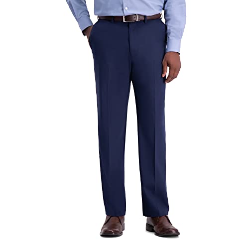 Haggar Mens Classic Fit Flat Front Solid Stretch Dress Pants, Blue, 42W x 30L US