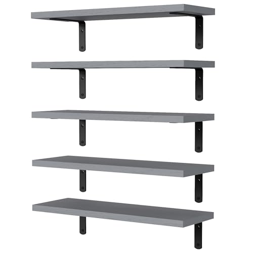 DOLLFIO Floating Shelves, 5 Sets Wall Shelves, Wooden Floating Shelves for Bedroom Wall Décor, Wall Mounted Floating Bathroom Shelf for Storage, Floating Book Shelf, Living Room – Grey