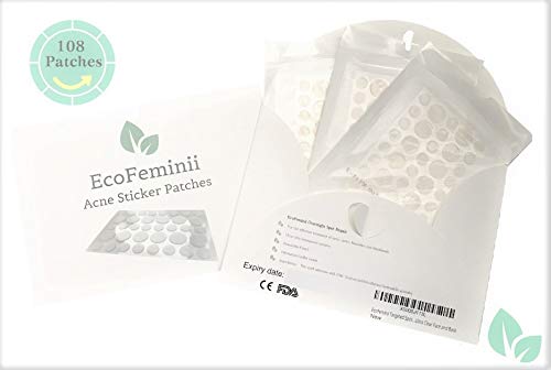 EcoFeminii Pack of 108 Targeted Acne Treatment Sticker Patches - Absorbing Hydrocolloid Covers for Spot Repair - Transparent Dots for Blemishes - Natural and Effective on Oily or Combination Skin - Overnight Acne, Spot and Blackhead Treatme