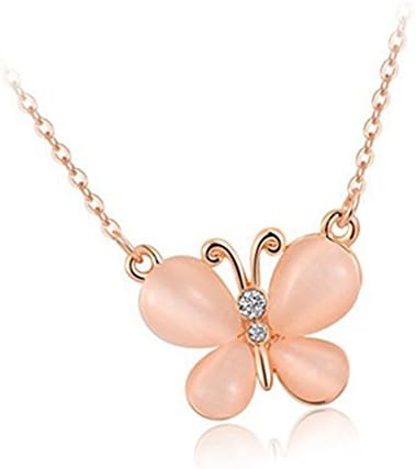 Fashion Women Rose Gold Opal Butterfly Charm Pendant Long Chain Necklace Jewelry#by pimchanok shop (Rose Gold)
