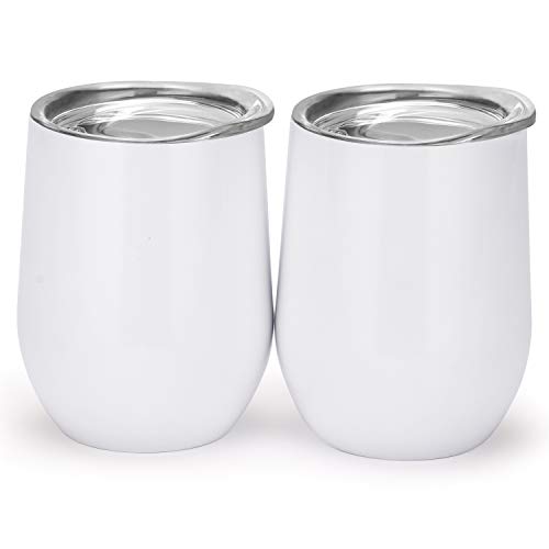 MASCOTKING Wine Glasses Tumbler - 12 oz 2 Pack - Double Wall Vacuum Insulated Cup with Lids for Keeping Wine, Coffee, Drinks - Beverage Warm in Winter -Valentine's Day Gifts(2PACK 12oz, White02)