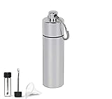 ASIO Glass Vial with Snuff Spoon in Waterproof Aluminum Pill Case | Small Glass Bottle with Mini Funnel in Keychain Pill Holder for Outdoor Travel (Silver)