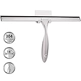 TopCharm Household Squeegee Shower Squeegee for Shower Doors Bathroom Mirror Car Glass All Purpose Window Squeegee Stainless Steel with Hook and Long Handle,14 Inch Shower Blade, Silver