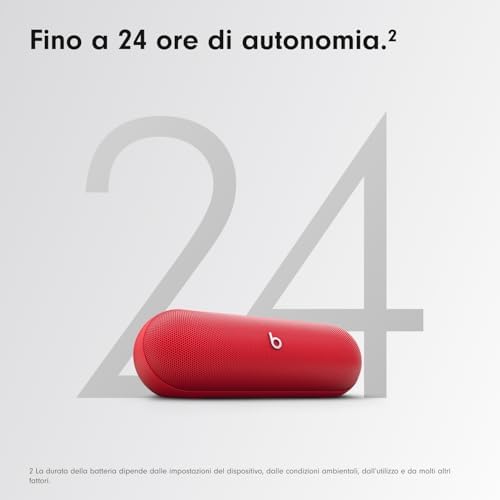 Pill - Altoparlante Bluetooth wireless e Caricatore portatile tramite USB-C - Fino a 24 ore di autonomia della batteria, resistente all'acqua IP67, compatibile con Apple e Android - Rosso deciso