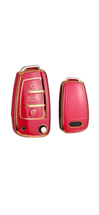StyleC Key Cover compatible with Audi A1 A3 S3 A4 S4 A5 S5 A6 S6 TT Q5 Q7 R8 Case Remote Flip Key Fob 3 Button (Red Gold)