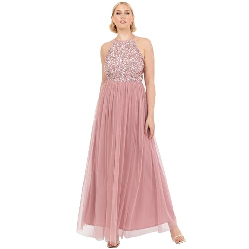 Maya Deluxe Maya Deluxe Womens Ladies Bridesmaid Maxi Dress Halter Neck Sequin Embellished Prom Graduation Wedding, Vestito per Damigella d’Onore Donna, Vintage Rose,
