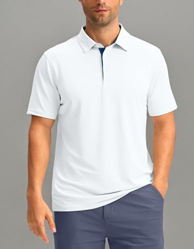 OBLA MEN’S GOLF SHIRT SHORT SLEEVE MOISTURE WICKING SOLID PERFORMANCE DRY FIT COLLARED GOLF POLO SHIRTS FOR MEN TENNIS WORK(A WHITE_XXXL)