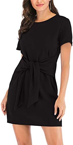 MIDOSOO Womens Casual Round Neck Puff Sleeve Tie Knot Front Solid Pencil Dress