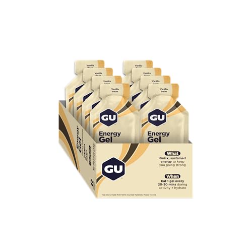 GU ENERGY ORIGINAL SPORTS NUTRITION ENERGY GEL, VEGAN AND DAIRY-FREE ON-THE-GO ENERGY FOR ANY WORKOUT, VANILLA BEAN, 8-COUNT