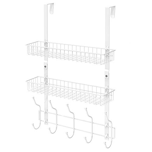 NEX Upgrade Over The Door Hook Shelf Organizer 5 Hooks with Basket Storage Rack for Coats & Towels (White- 2 Basket)