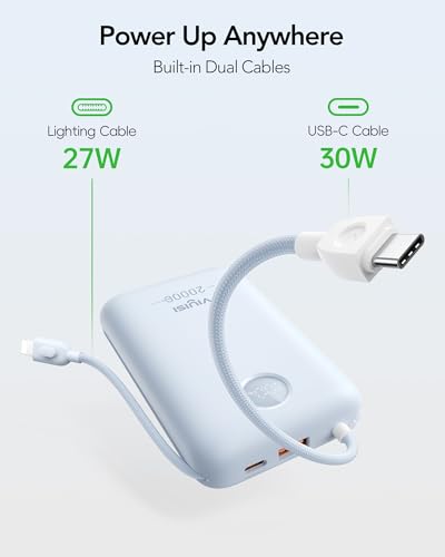 VIYISI Power Bank 20000mAh 30W Fast Charging Portable Charger with Built-in Cables & LED Display, USB C Battery Pack for iPhone, Samsung, iPad and Android Phones, Ideal for Travel -Light Blue