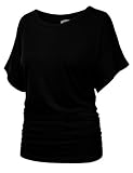 BIADANI Womens Short Sleeve Boat Neck Solid Shirring Dolman Drape Top Black Medium