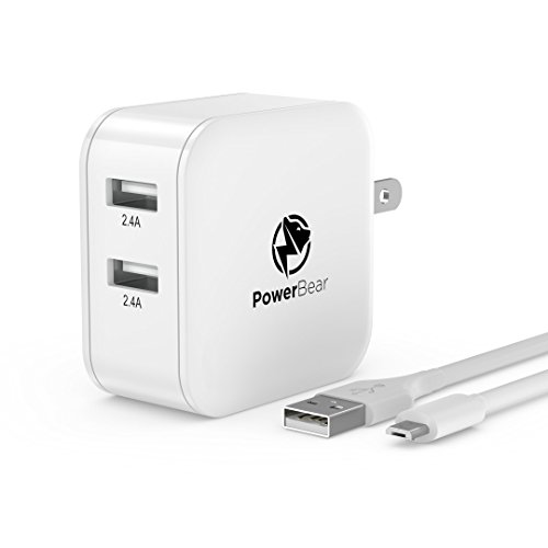 USB Charger | PowerBear Dual USB Wall Charger [4.8A 24W] Foldable Plug, Travel Ready, with SmartID Technology for iPhone, Samsung Galaxy S7 / S6 & More - White [24 Month Warranty]