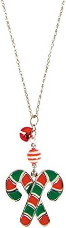 30" Silver-tone Christmas Candy Cane And Bell With Glass Striped Bead Sweater Necklace Jewelry