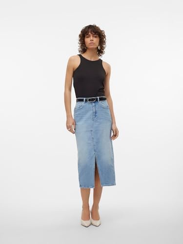Gonna in Denim Lunghezza al Polpaccio con Spacco 5 Tasche Maxi Skirt, Colore:Azzurro, Taglia:S