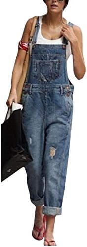 Etecredpow Women Washed Distressed Denim Jumpsuit Hole Classic Fit Bib Overalls