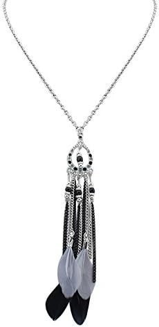 Gorgeous Jewelry Black and White Exotic Alloy Beaded Tassels Feathers Pendant Sweater Chain Charming Women Necklace