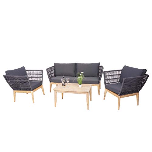 Mendler Gartengarnitur HWC-H55, Lounge-Set Sofa Sitzgruppe, Seilgeflecht Rope Holz Akazie Spun Poly MVG - Kissen dunkelgrau – Bild 3