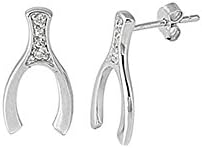 Noureda Sterling Silver Small Wishbone with Simulated Diamons Stud Earrings and Friction Back Post, Height 19MM