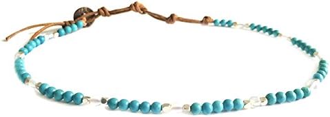 Lotus and Luna Women's Turquoise and Moonstone 4mm Inspiration and Protection Healing Crystal Necklace, One Size