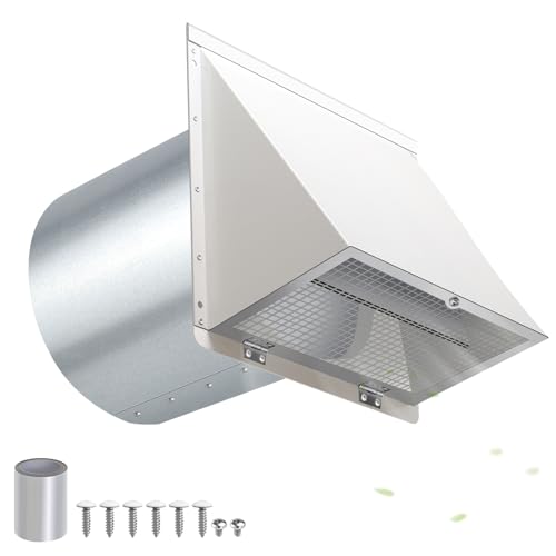 6 Inch Hooded Wall Vent with Screen and Damper,6 Inch Exhaust Vent Cover Cap for Outdoor Kitchen Range Hood Dryer Ventilation,Outside Wall Mount Extractor for House Air Exhaust,Galvanized Steel,White