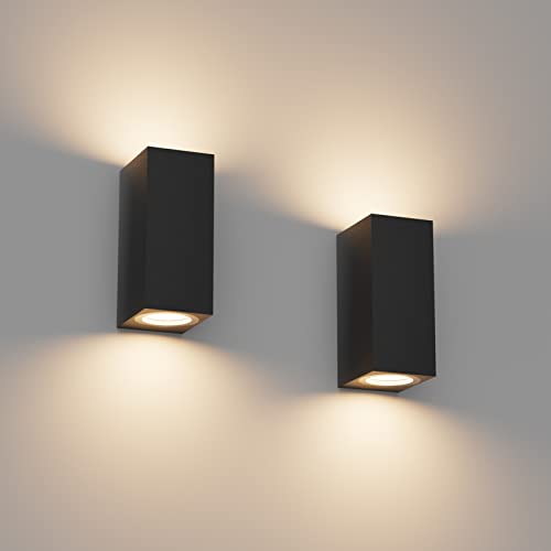 Klighten 2 Pieces Square Wall Lamp Outdoor/Indoor, IP65 Waterproof Black Outdoor Wall Sconce, GU10 Modern Aluminium Wall Light for Gardens, Hallway Terrace, Bulb Not Included