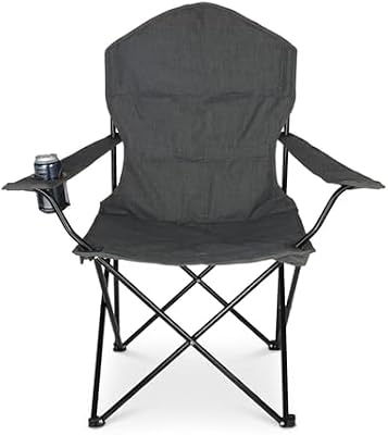 Cadeira de campismo dobrável com apoios de braço, suporte para copos e tampo, 106x90x45 cm, capacidade de 100 kg, cinzento