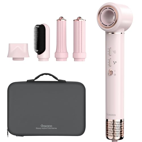 Secador de Pelo Profesional 5 en 1 - Boquillas + Cepillo + Rizador de Pelo, iónico Negativos Secador Kit 1600W Poco Ruido, Temperatura Ajustable y Velocidades para Rizar, Voluminizar y Alisar, Rosa