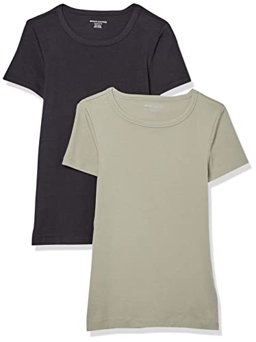 Amazon Essentials T-Shirt Col Rond à Manches Courtes Coupe Ajustée Femme, Lot de 2, Noir/Vert Sauge, L