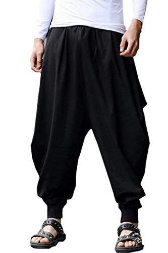 Hotmiss Men's Cotton Linen Plus Size Stretchy Waist Casual Ankle Length Pants (Black)