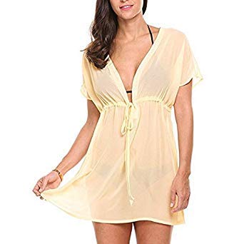 Questquo Women White Chiffon Beach Tunic Dress Deep V Cover