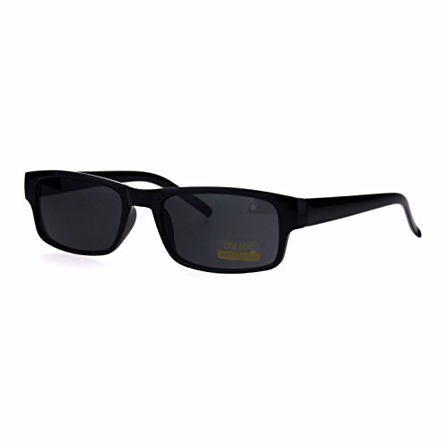 All Black Narrow Rectangular Thin Plastic Mens Minimal Mod Sunglasses