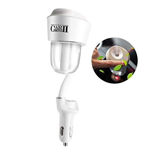 Car Humidifier Essential Oil Diffuser with Dual USB Charger Adapter, Portable Waterless Auto Shut-Off Air Refresher for Vehicle Automobile Gift (White))