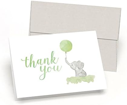 Baby Shower Thank You Cards (Set of 10 Cards + Envelopes) - Watercolor Elephant & Balloon - by Palmer Street Press (Green)