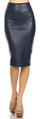 Women's High Waisted Versatile Faux Leather Midi Pencil Skirt (LARGE, NAVY)