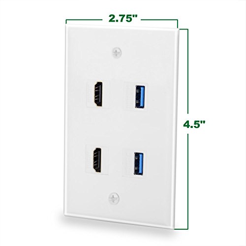 BATIGE 4 Ports HDMI & USB 3.0 Keystone Wall Plate Single GANG 2 Dual USB 3.0 & HDMI Wall Outlet Socket Face Cover